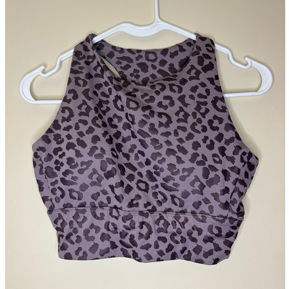 Rae Mode Leopard Print High Neck‎ Sports Bra Purple Charcoal Strappy Back Small